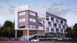 Darsana Academy educational building designed by Classik Architects, featuring modern elevation, geometric facade, and vertical green spaces.