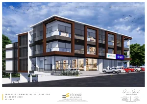 3D elevation of a modern commercial building in Kerala designed by Classik Architects, featuring SBI bank and showroom spaces.