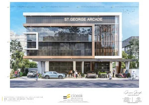 Modern St. George Arcade building with glass facade, people, cars, and bikes, surrounded by trees on a sunny day.