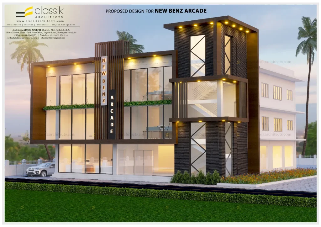 Modern New Benz Arcade building with glass and brick design, green plants, car, and palm trees under a twilight sky.