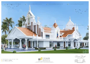 Elegant church with white facade, red roof, statues, and arches, surrounded by palm trees, people, and green lawn under a clear sky.